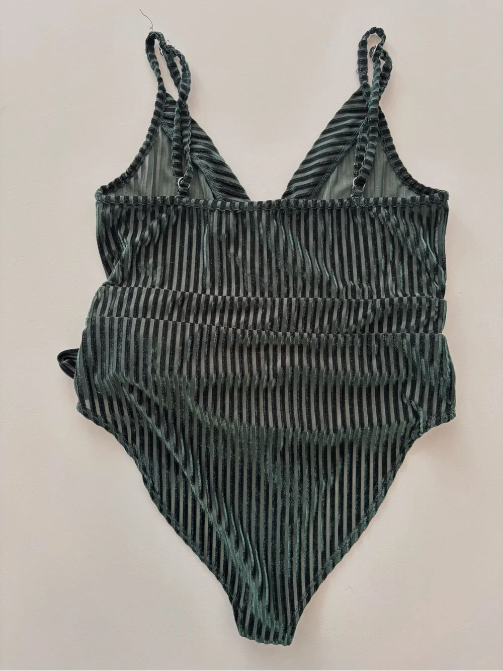Forever 21 Dark Green Velvet-Striped Body Suit with Side Tie